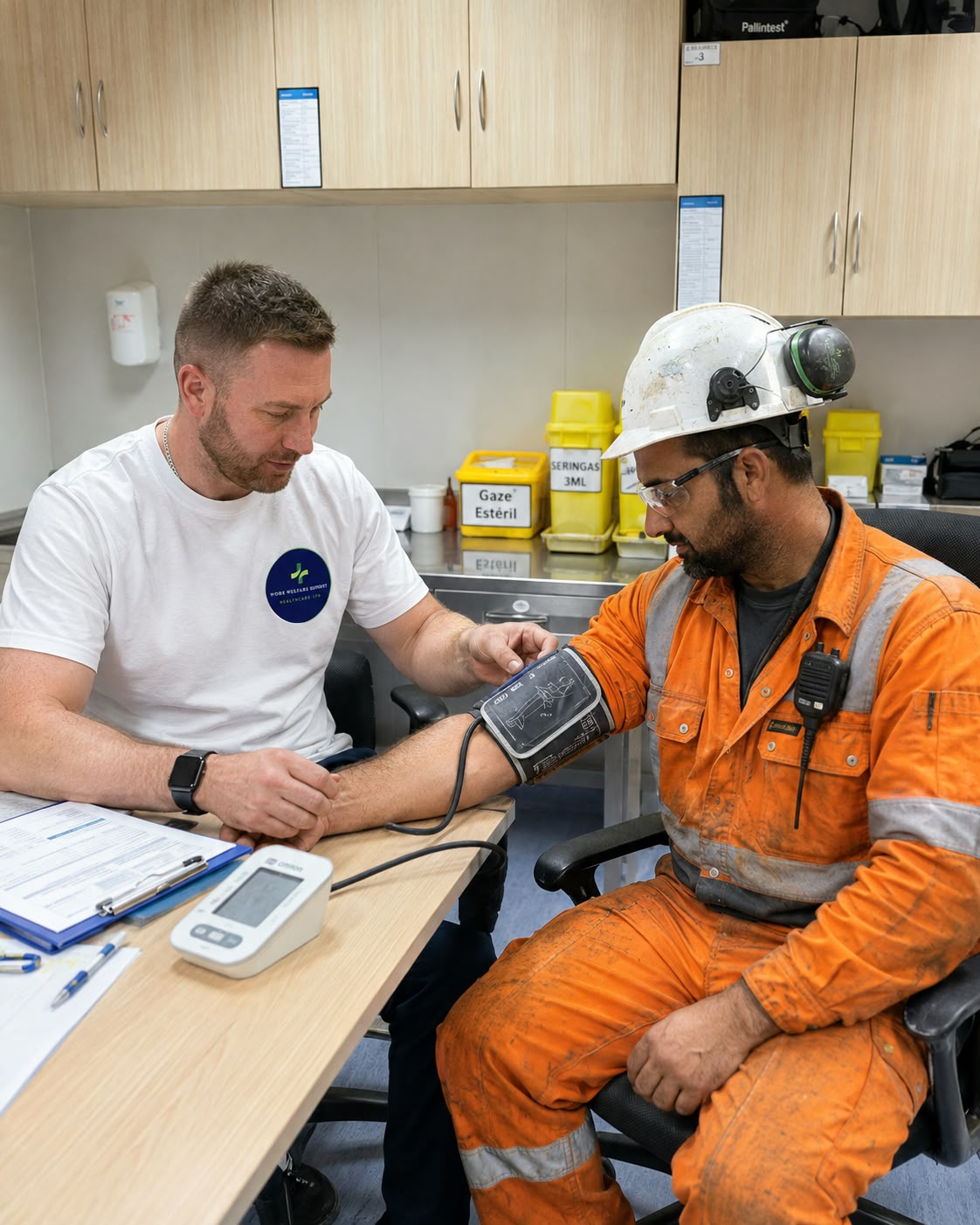 Work Welfare Support Ltd occupational health professional carrying out a blood pressure assessment for a worker